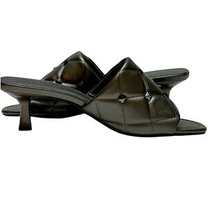ANNE KLEIN KYLA KITAY GREY PEWTER STUDDED KITTEN HEEL SLIP ON SANDALS SZ 9.5 MED